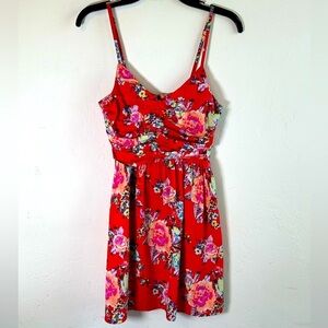Roxy Orange Floral Slip Dress with Ruched Front Bodice and Gold Zipper Sz M